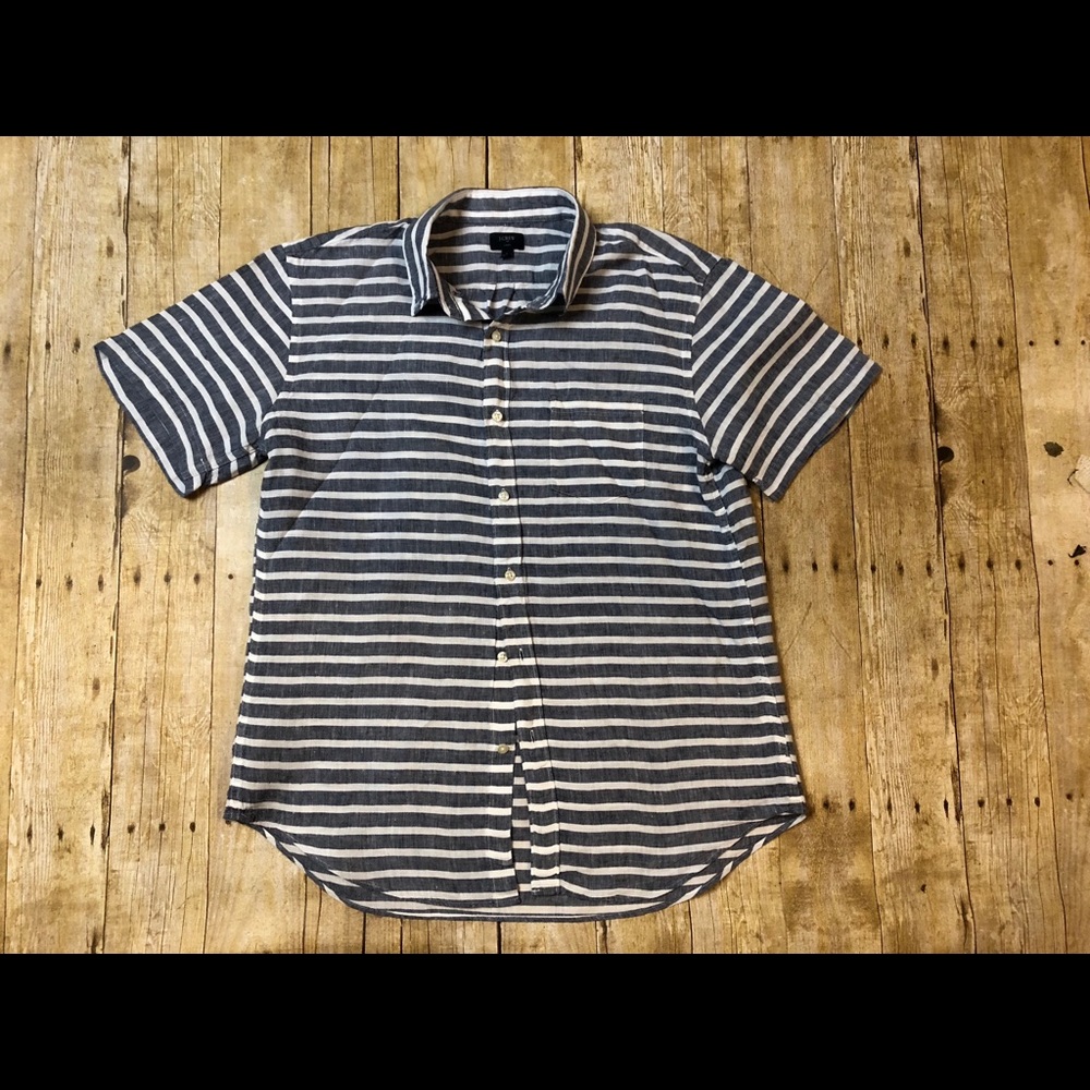J Crew men’s L Button Up Linen Shirt Navy White